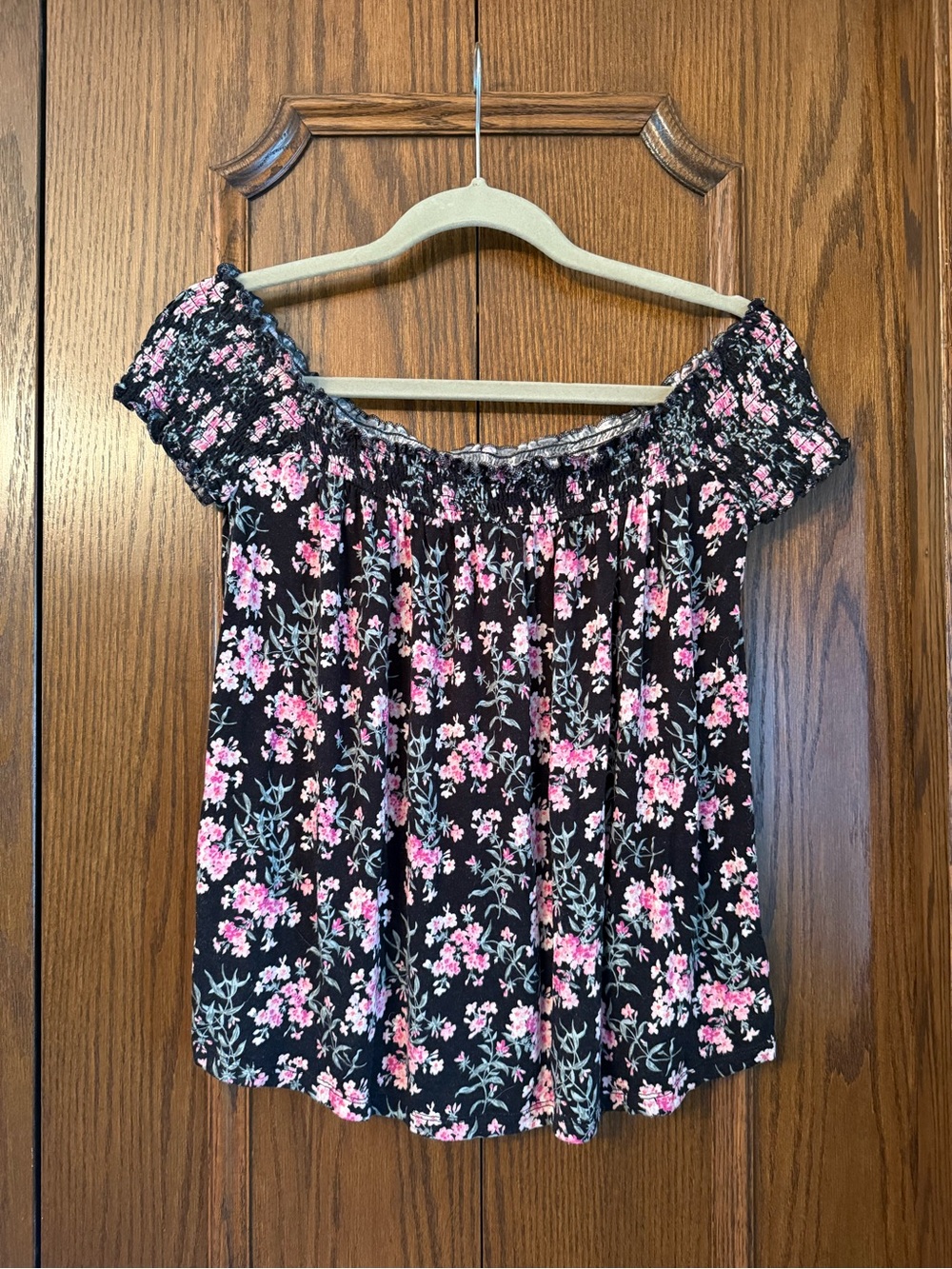 American Eagle Outfitters Black Off-Shoulder Top with Pink Floral Print